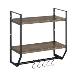 2-Layer Wall Mounted Rustic Shelves with Iron Towel Bar