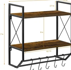 2-Layer Wall Mounted Rustic Shelves with Iron Towel Bar
