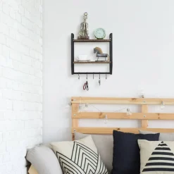 2-Layer Wall Mounted Rustic Shelves with Iron Towel Bar