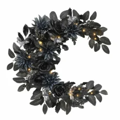 26" LED Black & Dusty Navy Dahlia, Rose & Moth Moon Wreath by Ashland®