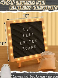 LED Felt Letter Board 10x10 Inch – Light Up Message Board with 450 Changeable Letters, Rustic Wood Frame & Stand, Custom Announcement Sign for First Day of School, Graduation, Baby Announcement, Wedding & Classroom Decor