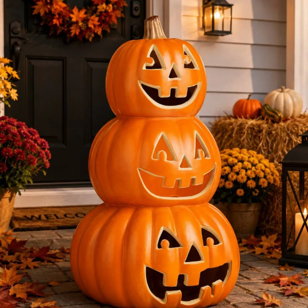 16" LED Light-Up Pumpkin Stack – Blow Mold Halloween Tabletop Decoration