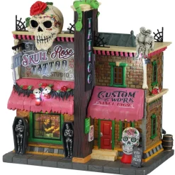 Lemax The Skull and Rose Tattoo Studio Lighted Building Battery Operated #15751