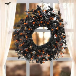 72.00"L Halloween Eucalyptus Pumpkin Bat Garland/22.00"D Wreath Includes a Complimentary Black Metal Wreath Hanger Set