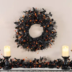 72.00"L Halloween Eucalyptus Pumpkin Bat Garland/22.00"D Wreath Includes a Complimentary Black Metal Wreath Hanger Set