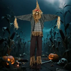 Life-Size 7ft Halloween Scarecrow Decoration with Sound-Activated Moving Hat and Glowing Eyes