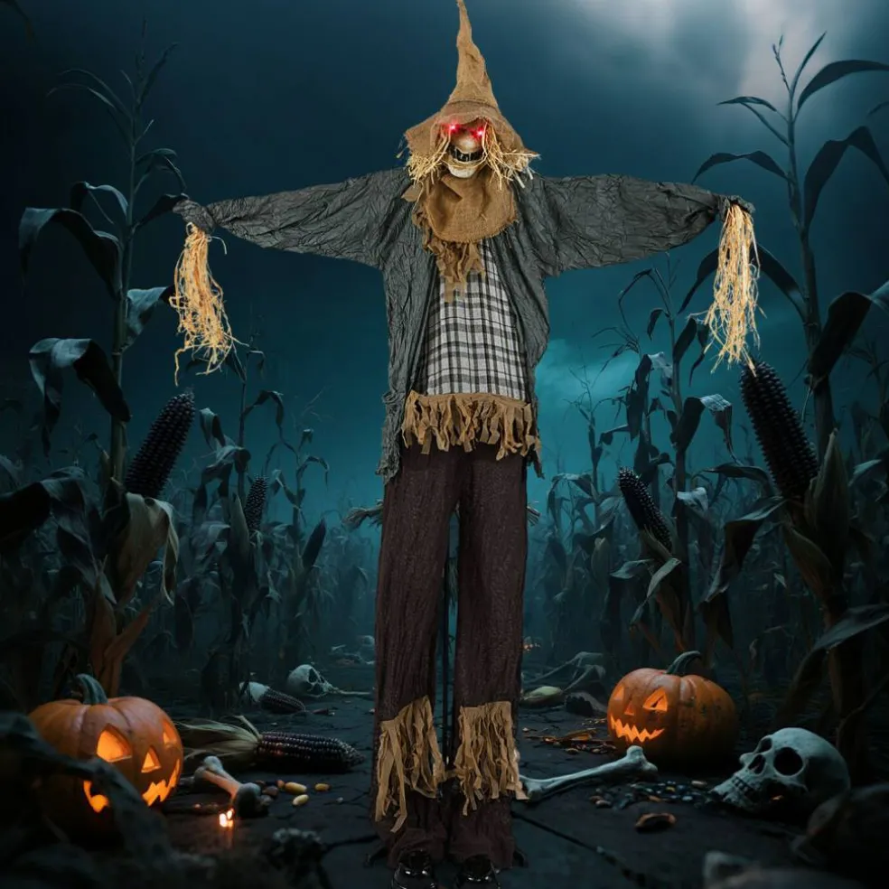 Life-Size 7ft Halloween Scarecrow Decoration with Sound-Activated Moving Hat and Glowing Eyes