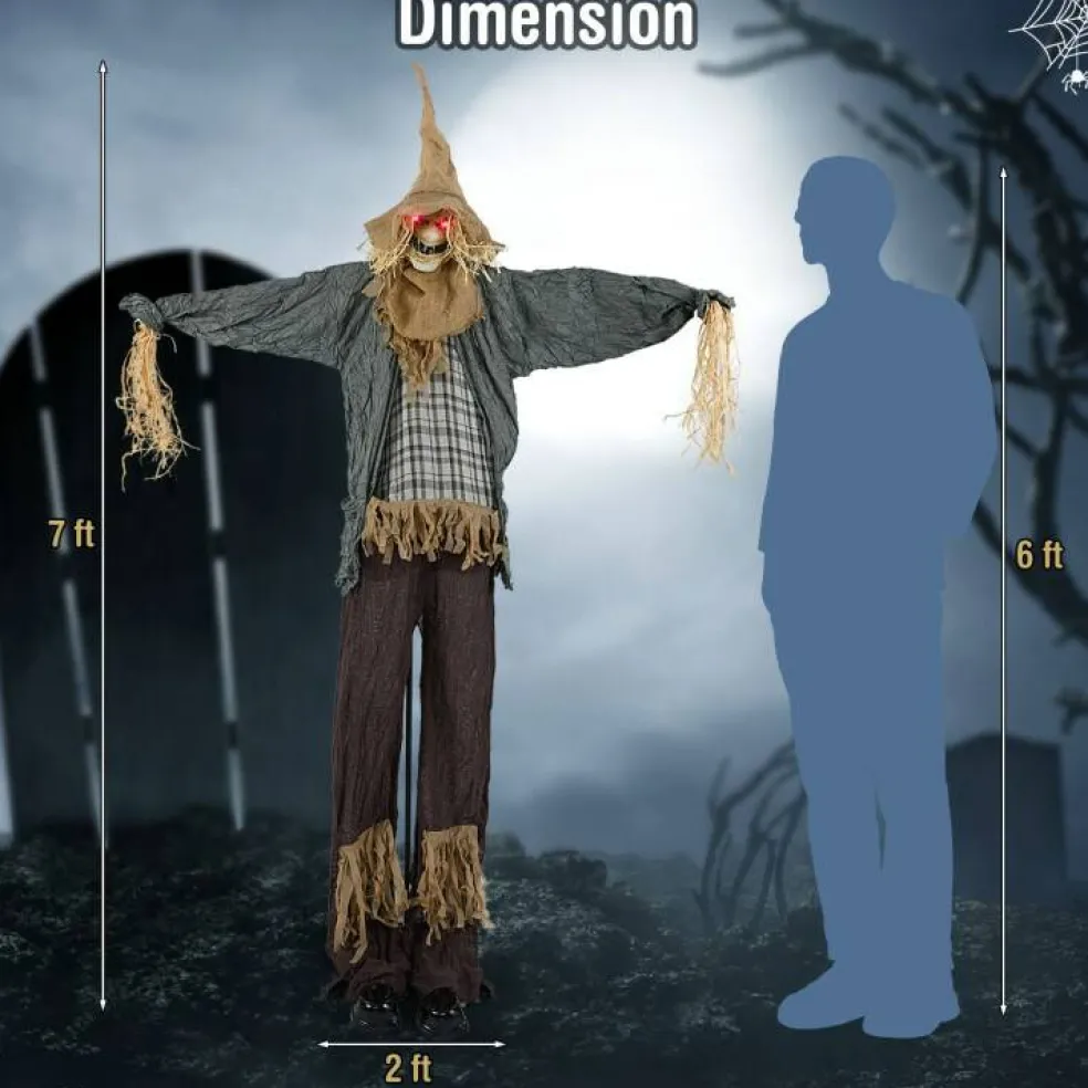 Life-Size 7ft Halloween Scarecrow Decoration with Sound-Activated Moving Hat and Glowing Eyes