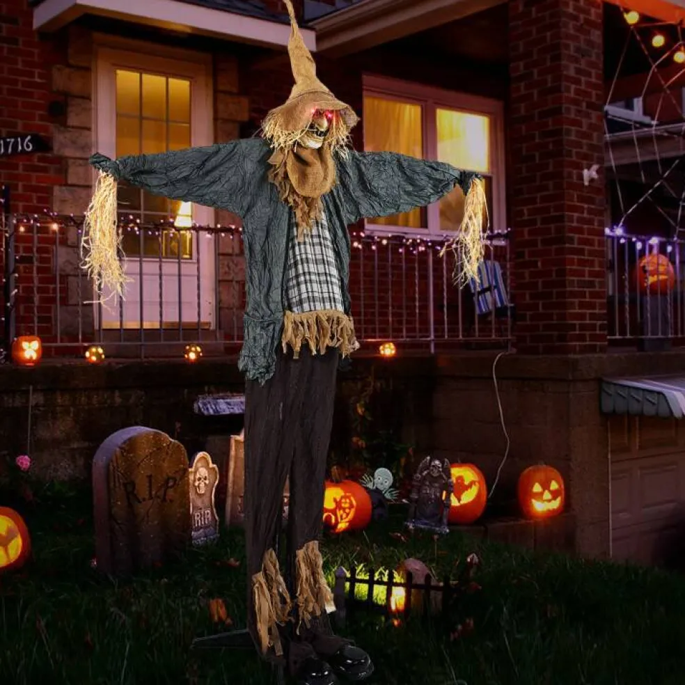 Life-Size 7ft Halloween Scarecrow Decoration with Sound-Activated Moving Hat and Glowing Eyes