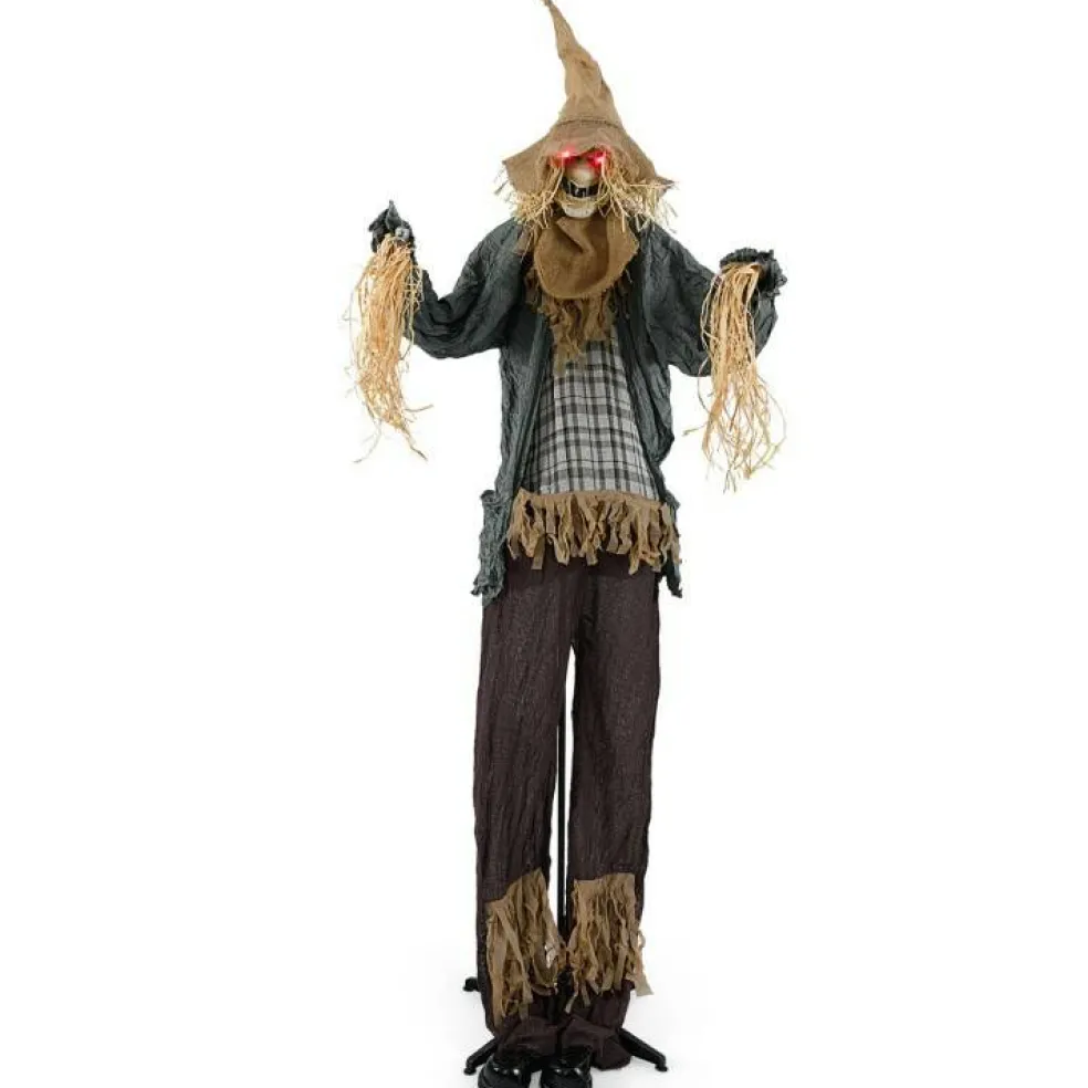 Life-Size 7ft Halloween Scarecrow Decoration with Sound-Activated Moving Hat and Glowing Eyes