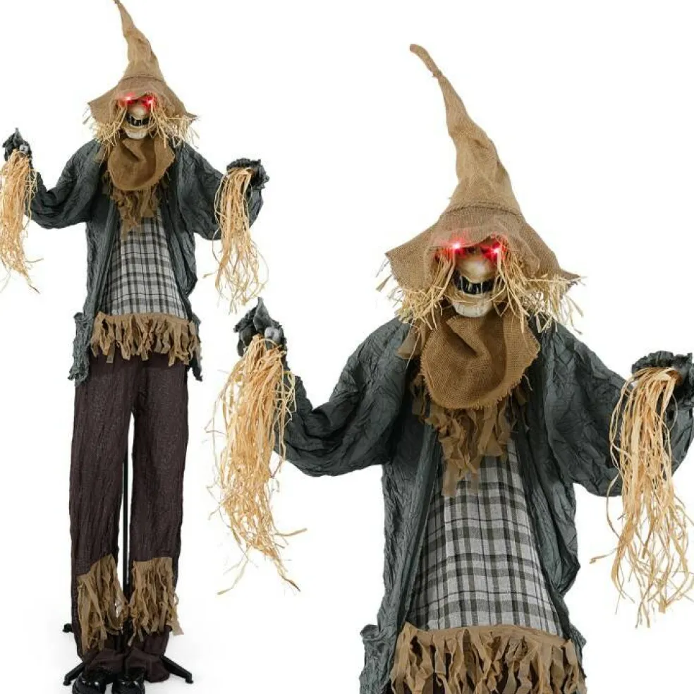 Life-Size 7ft Halloween Scarecrow Decoration with Sound-Activated Moving Hat and Glowing Eyes