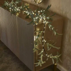 Lighted Artificial Olive Garland 6FT 96 LED Fairy Lights Battery Operated, Faux Vine Lights with Timer for Spring Christmas Holiday Fireplace Decoration