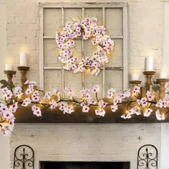 Lighted Cherry Blossom Garland with Timer 48 LED Fairy Lights 6FT for Mantle, Artificial Flower Vines with Lights 8 Modes Battery Operated Home Fireplace Wedding Party Room Decor