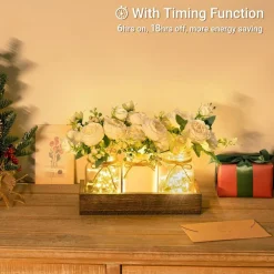 Lighted Mason Jar Centerpiece Table Decor, Farmhouse Wooden Tray with 3 Floral Mason Jars & LED Lights, Rustic Summer Decoration for Dining Room, Coffee Table, Kitchen & Living Room