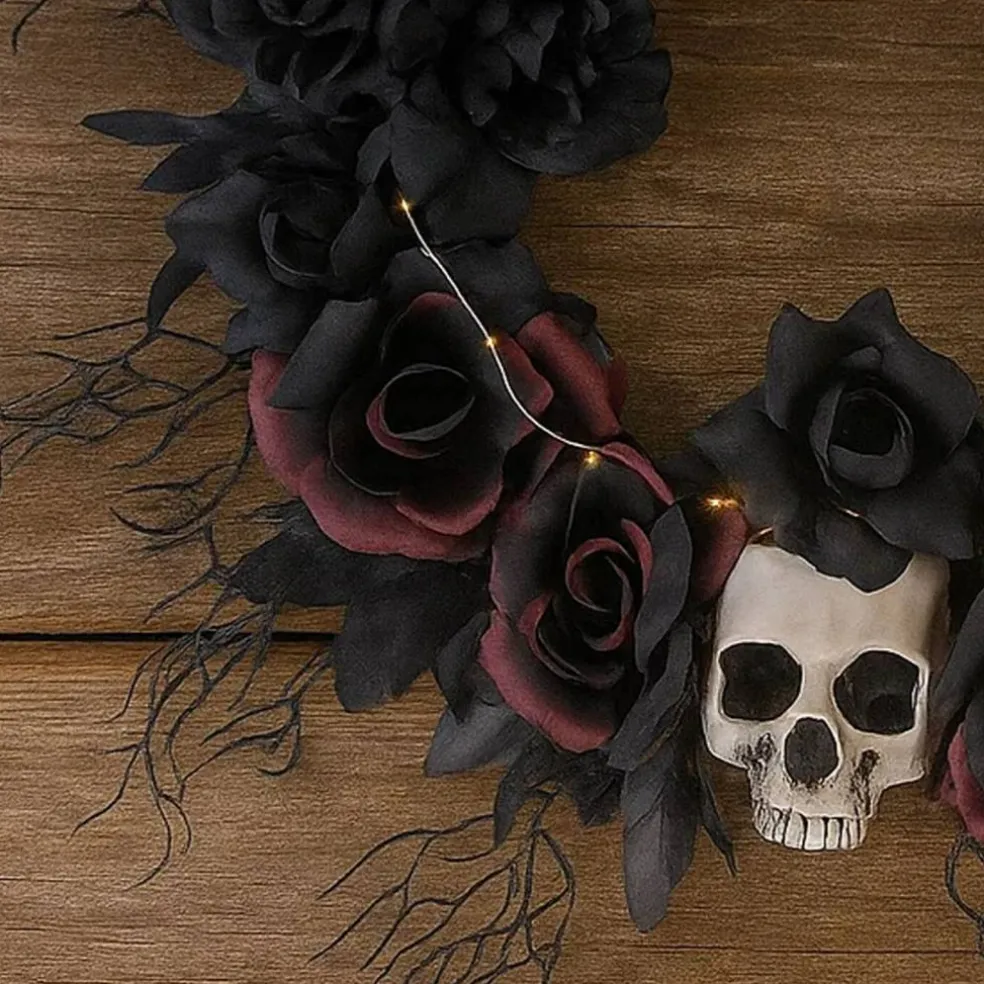 Lighted Skull Dead Roses Halloween Door Wreath 23 1/2 Inches