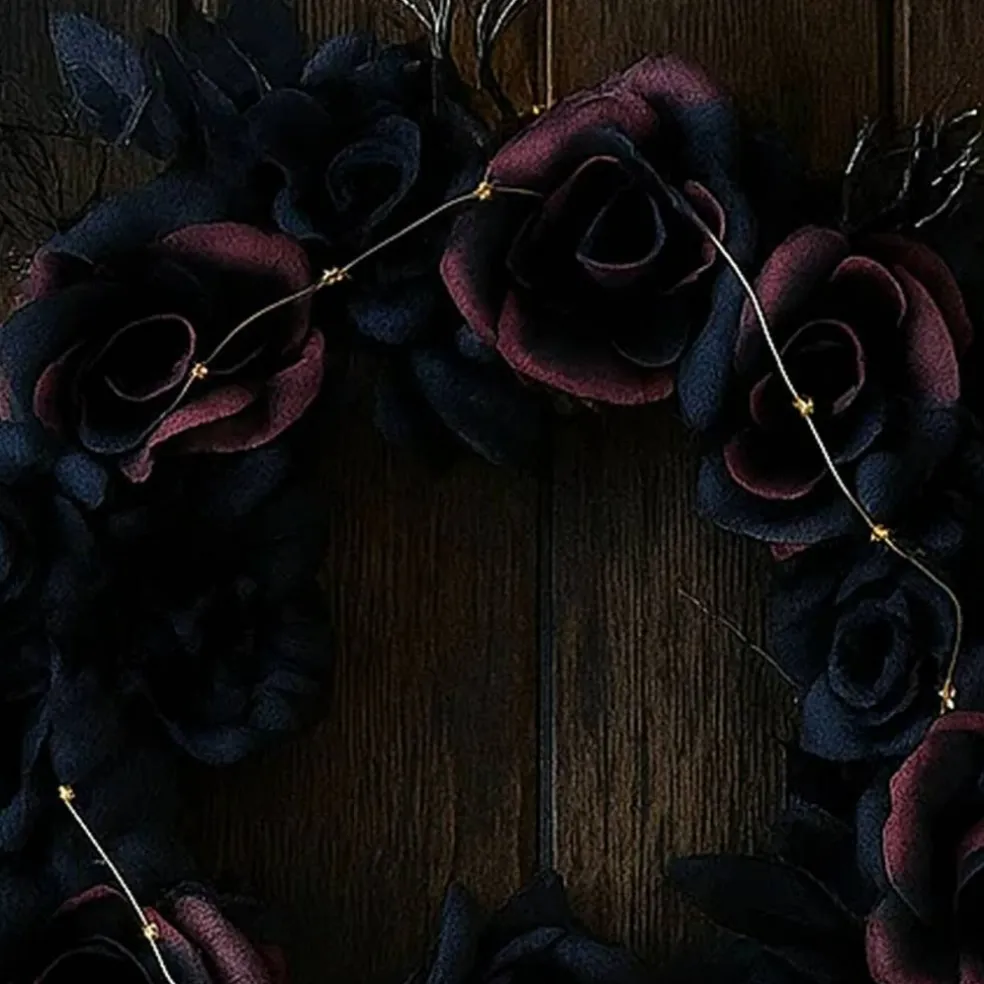 Lighted Skull Dead Roses Halloween Door Wreath 23 1/2 Inches