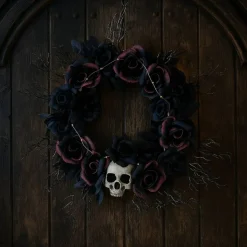 Lighted Skull Dead Roses Halloween Door Wreath 23 1/2 Inches