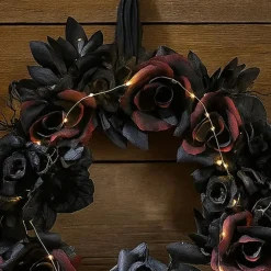 Lighted Skull Dead Roses Halloween Door Wreath 23 1/2 Inches