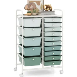 Lime Green 15-Drawer Rolling Storage Cart, Metal Organizer with 5 Large and 10 Small Drawers, Mobile Craft Storage