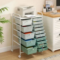 Lime Green 15-Drawer Rolling Storage Cart, Metal Organizer with 5 Large and 10 Small Drawers, Mobile Craft Storage