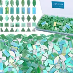 LITMIND Iridescent LightGreen Stained Glass Mosaic Tiles for Crafts - 240 Pieces, 5 Shapes Mixed (Rectangle, Triangle, Rhombus, Square, Leaf) - Ideal for Mosaic Making Projects and Beginners
