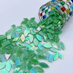 LITMIND Iridescent LightGreen Stained Glass Mosaic Tiles for Crafts - 240 Pieces, 5 Shapes Mixed (Rectangle, Triangle, Rhombus, Square, Leaf) - Ideal for Mosaic Making Projects and Beginners