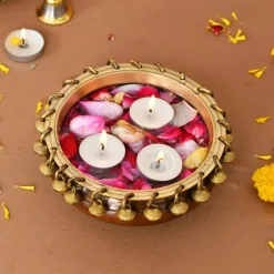 LOVENSPIRE Brass Urli Bowl with Ghungroo 2.7 Inch Indian Ethnic Urli Bowls for Floating Flowers Tea Light Candles Home Office Pooja Room Diwali Decor Showpiece Housewarming Gift