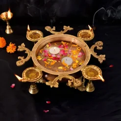 LOVENSPIRE Brass Urli Bowl with Diya Bells 13" Flower Decorative Urli Bowls for Floating Flowers Tea Light Candles Home Office Table Diwali Decor Indian Ethnic Showpiece (4 Diya)