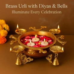 LOVENSPIRE Brass Urli Bowl with Diya Bells 13" Flower Decorative Urli Bowls for Floating Flowers Tea Light Candles Home Office Table Diwali Decor Indian Ethnic Showpiece (4 Diya)