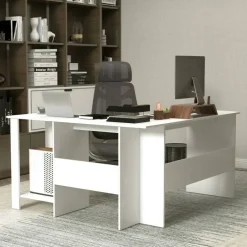 L-Shaped Computer Desk, Corner Office Workstation with 2-Tier Storage Shelves, 330 LBS Capacity, White