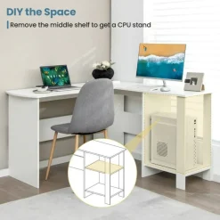 L-Shaped Computer Desk, Corner Office Workstation with 2-Tier Storage Shelves, 330 LBS Capacity, White
