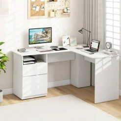 L-Shaped Computer Desk with 2 Hanging Rods for Letter-Sized File and One Small Drawer
