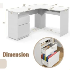 L-Shaped Computer Desk with 2 Hanging Rods for Letter-Sized File and One Small Drawer