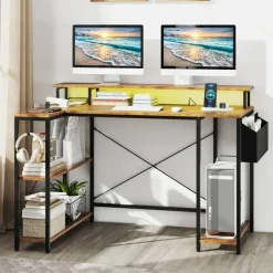 L-Shaped Computer Desk with Power Hub, Monitor Stand, CPU Holder and Storage Shelves, 4 AC Outlets, 2 USB Ports, Type-C