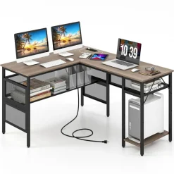 L-Shaped Computer Desk with Reversible Design, 3 Power Outlets and 2 USB Ports, Storage Shelves, CPU Stand, Gray Wash