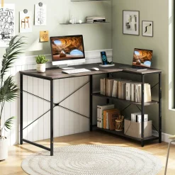 L-Shaped Computer Desk with 2-Tier Reversible Storage Shelf, 48" Corner Writing Desk, Steel Frame, Home Office Workstation, Gray