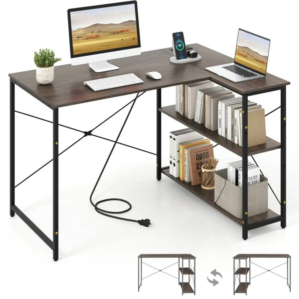 L-Shaped Computer Desk with 2-Tier Reversible Storage Shelf, 48" Corner Writing Desk, Steel Frame, Home Office Workstation, Gray