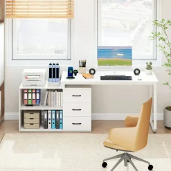 L-Shaped Executive Computer Desk with Power Outlets, USB and Type-C Ports, Reversible Corner Office Desk with 3 Drawers and Adjustable Shelf