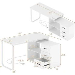 L-Shaped Executive Computer Desk with Power Outlets, USB and Type-C Ports, Reversible Corner Office Desk with 3 Drawers and Adjustable Shelf
