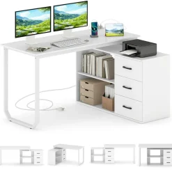 L-Shaped Executive Computer Desk with Power Outlets, USB and Type-C Ports, Reversible Corner Office Desk with 3 Drawers and Adjustable Shelf