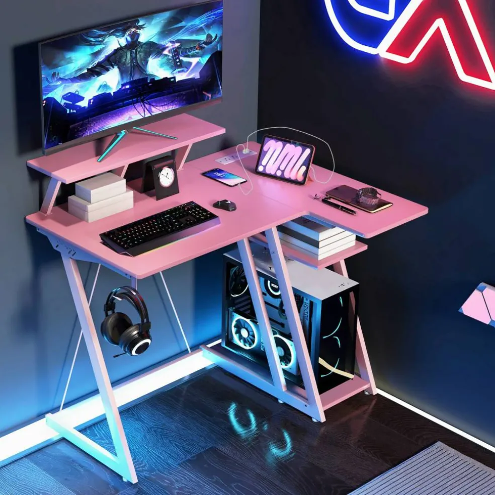 L Shaped Gaming Desk with Outlets and USB Ports