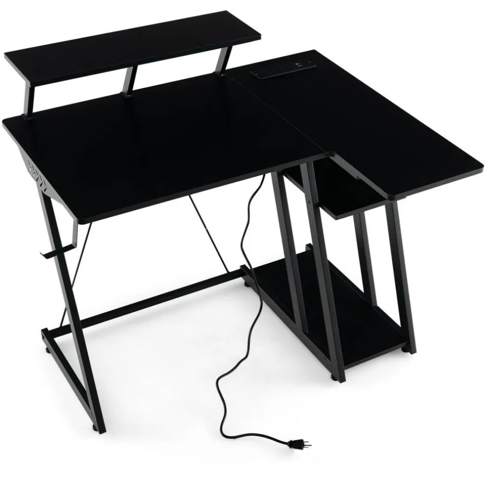 L Shaped Gaming Desk with Outlets and USB Ports