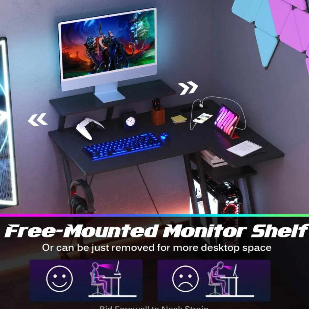 L Shaped Gaming Desk with Outlets and USB Ports