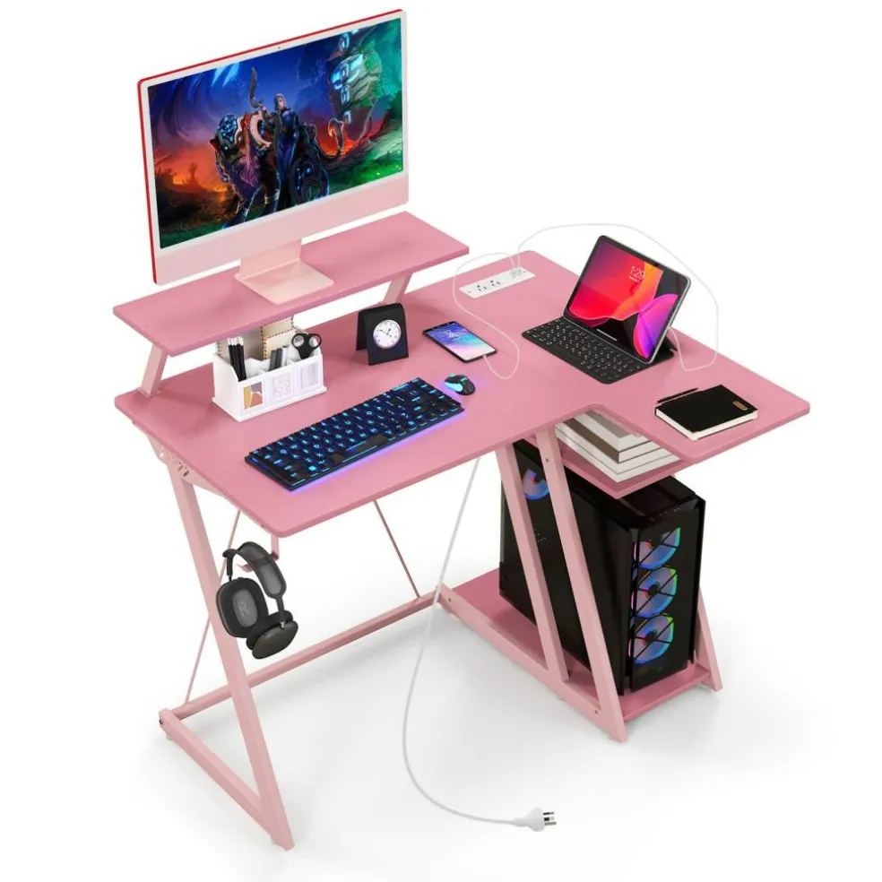 L Shaped Gaming Desk with Outlets and USB Ports
