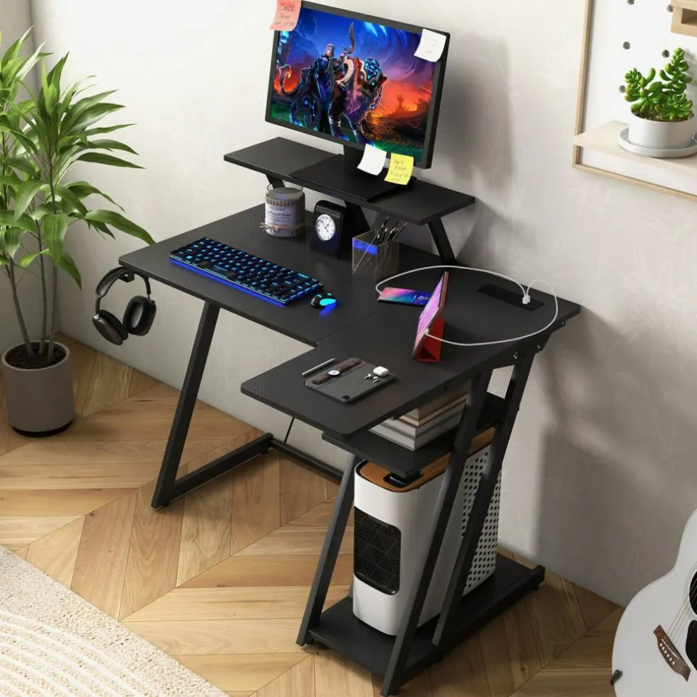 L Shaped Gaming Desk with Outlets and USB Ports
