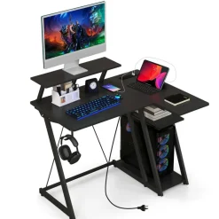 L Shaped Gaming Desk with Outlets and USB Ports