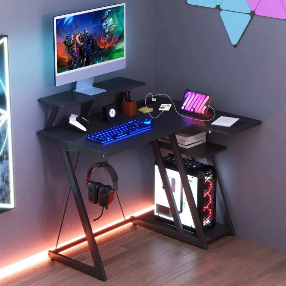 L Shaped Gaming Desk with Outlets and USB Ports