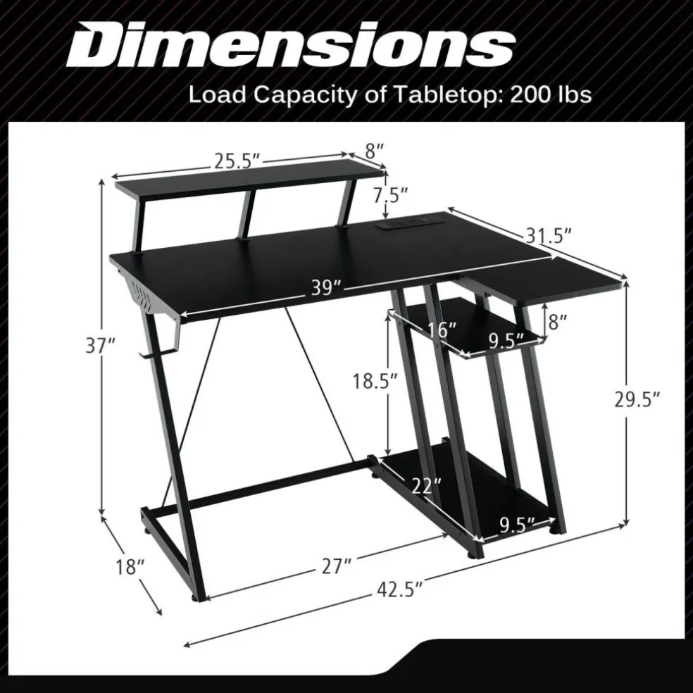 L Shaped Gaming Desk with Outlets and USB Ports
