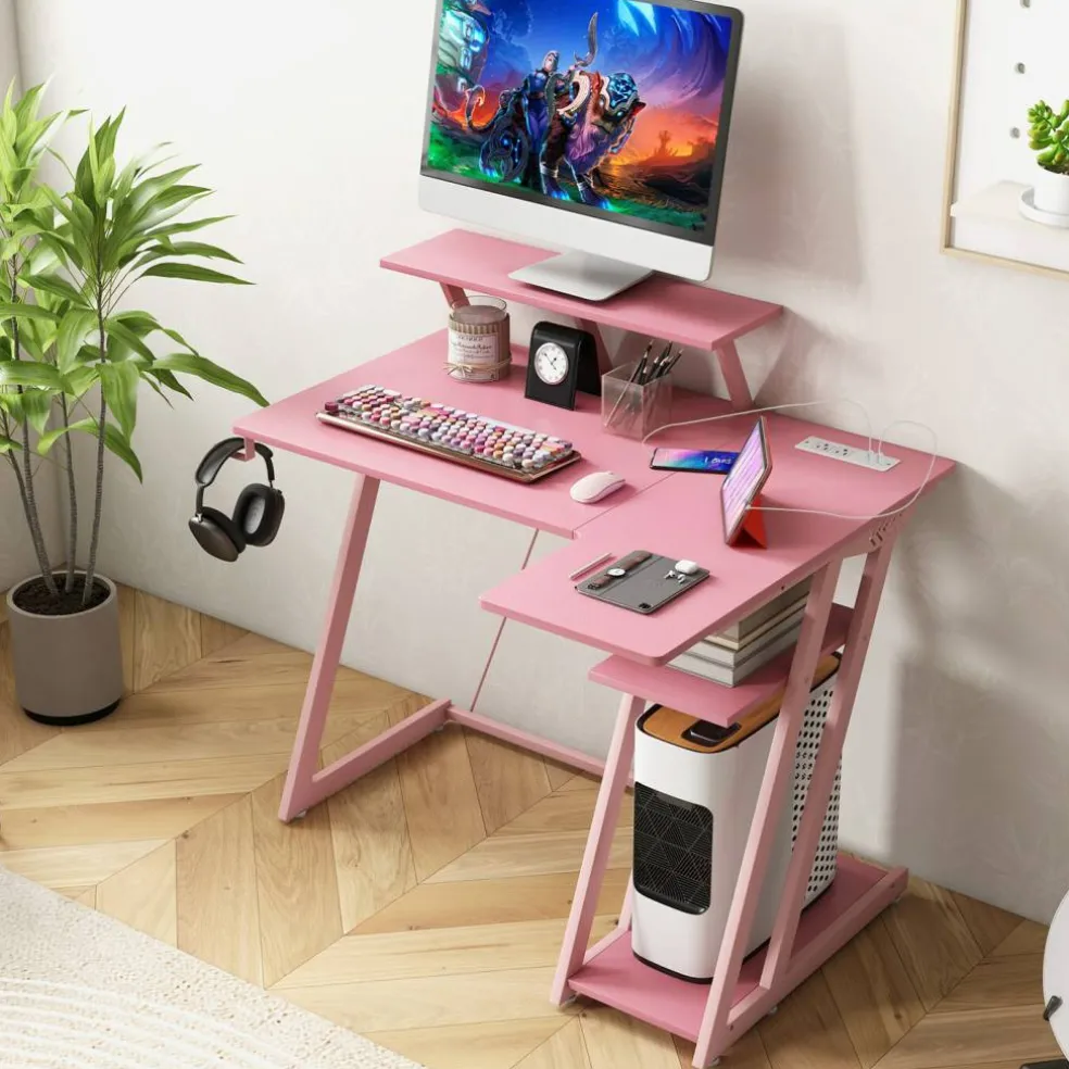L Shaped Gaming Desk with Outlets and USB Ports