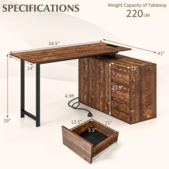 L Shaped Home Office Desk with Storage Drawers and Cabinet, Corner Computer Workstation with USB and Type C Charging Port